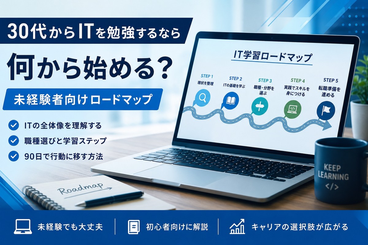30代未経験からITを学ぶ5ステップのロードマップを示すイメージ